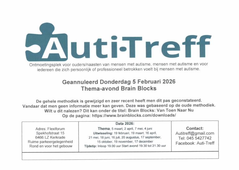05-02-2026 flyer Geannuleerd Thema-avond Brain Blocks Auti-Treff A5 - Flexiforum Kerkrade