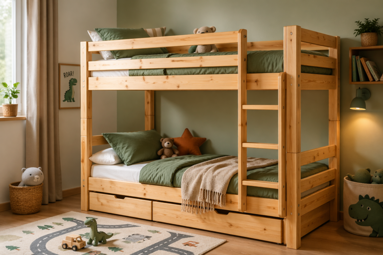 Houten stapelbed in kinderkamer met rustige en opgeruimde inrichting