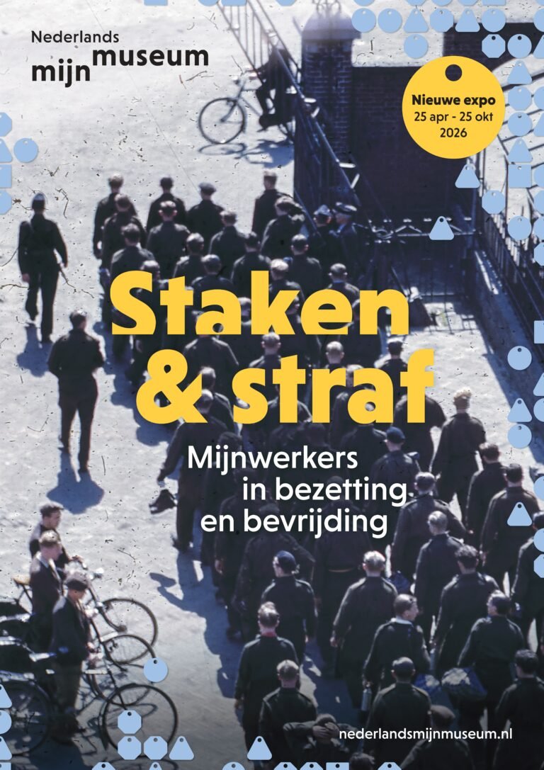 Poster van tentoonstelling Staken & Straf in het Nederlands Mijnmuseum in Heerlen over mijnwerkers tijdens en na de Tweede Wereldoorlog