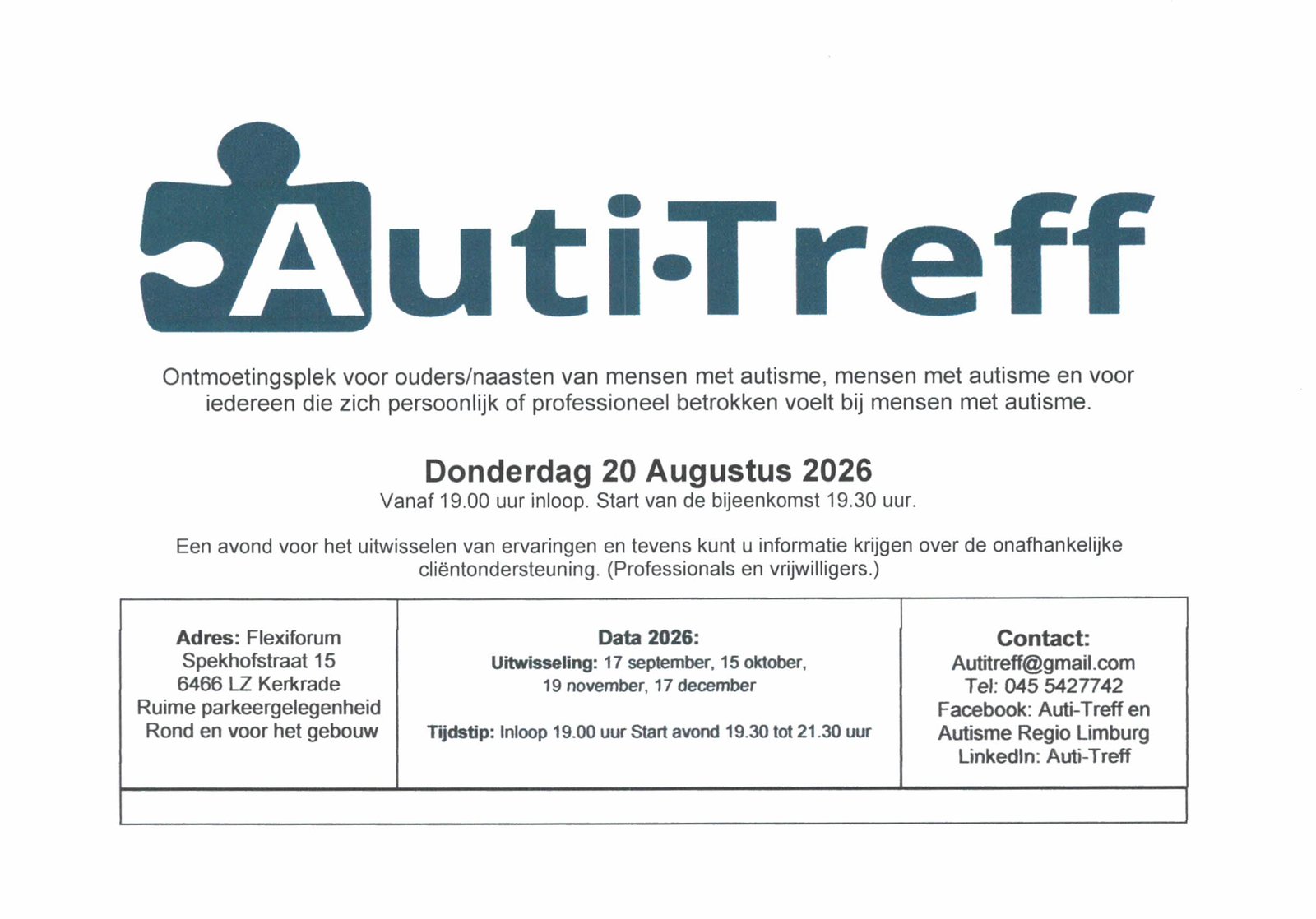 AUTI-TREFF houdt ontmoetingsavond voor mensen met autisme en hun omgeving